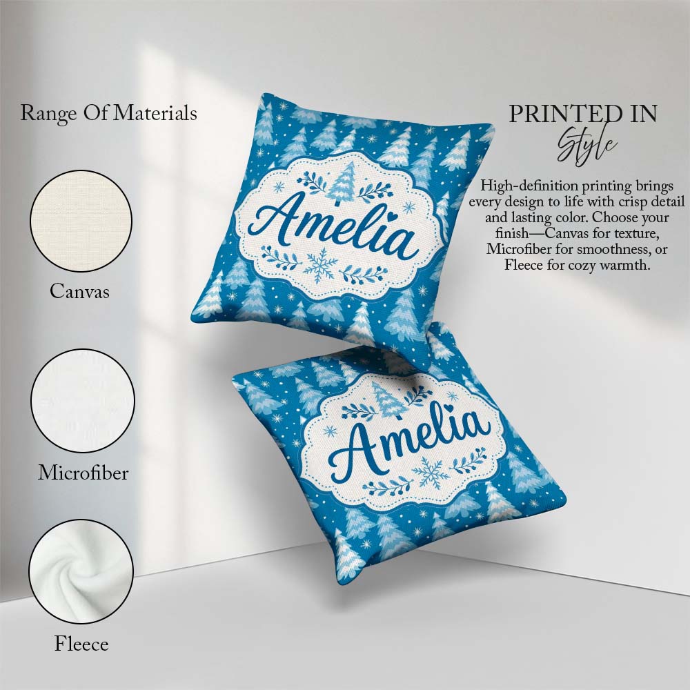 Custom Name Snowy Winter Pine Trees with Falling Snowflakes Blue Square Filled Cushion Throw Pillow Sofa Bed Home Decor Zip Washable UK Made