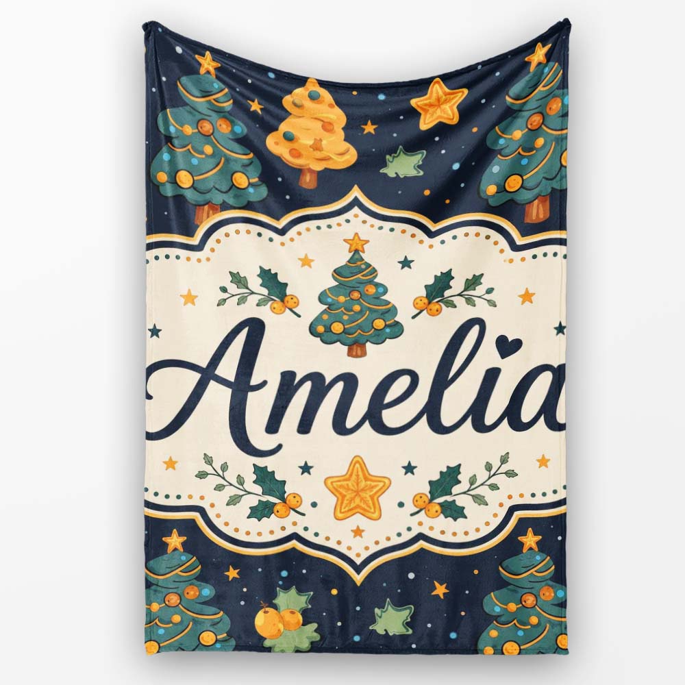 Christmas Trees with Stars and Holly Night Festive Illustration Personalised Custom Name Super Soft Fleece Blanket Bed Sofa Throw