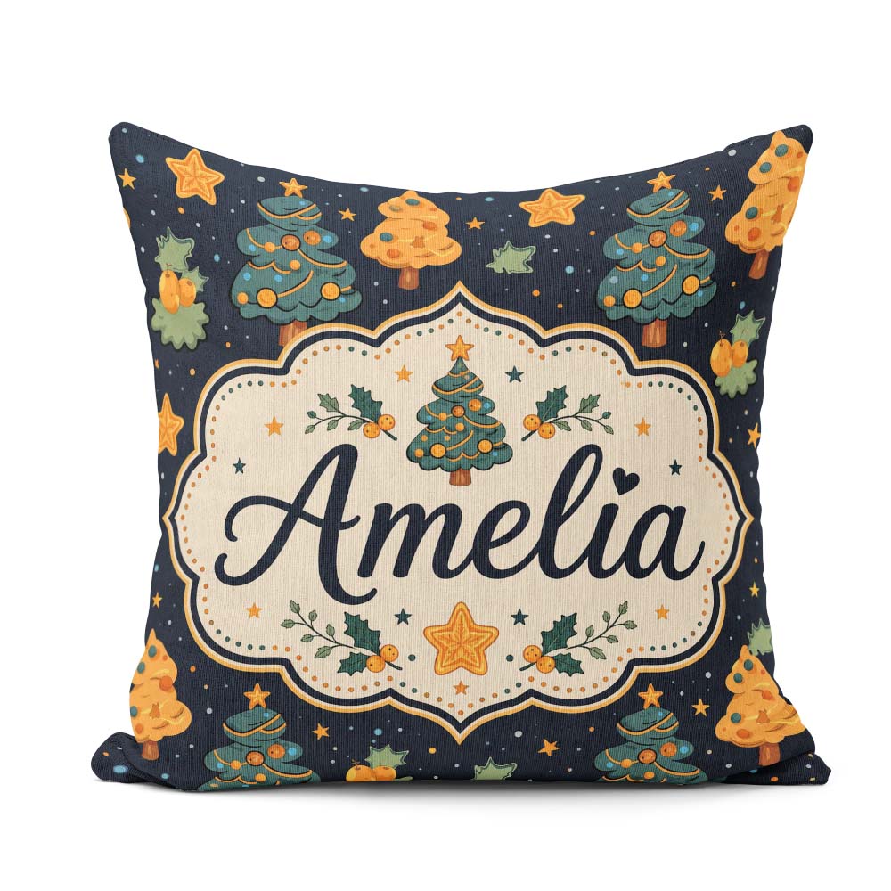Custom Name Christmas Trees with Stars and Holly Night Festive Square Filled Cushion Throw Pillow Sofa Bed Home Decor Zip Washable UK Made