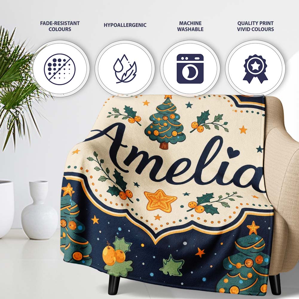 Christmas Trees with Stars and Holly Night Festive Illustration Personalised Custom Name Super Soft Fleece Blanket Bed Sofa Throw