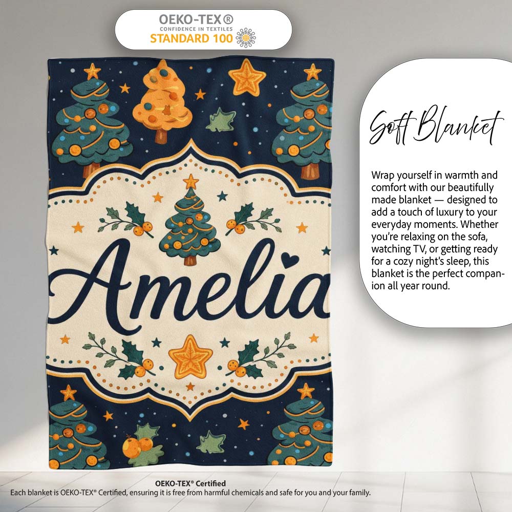Christmas Trees with Stars and Holly Night Festive Illustration Personalised Custom Name Super Soft Fleece Blanket Bed Sofa Throw