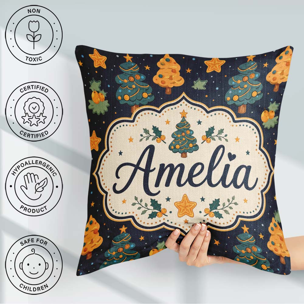 Custom Name Christmas Trees with Stars and Holly Night Festive Square Filled Cushion Throw Pillow Sofa Bed Home Decor Zip Washable UK Made