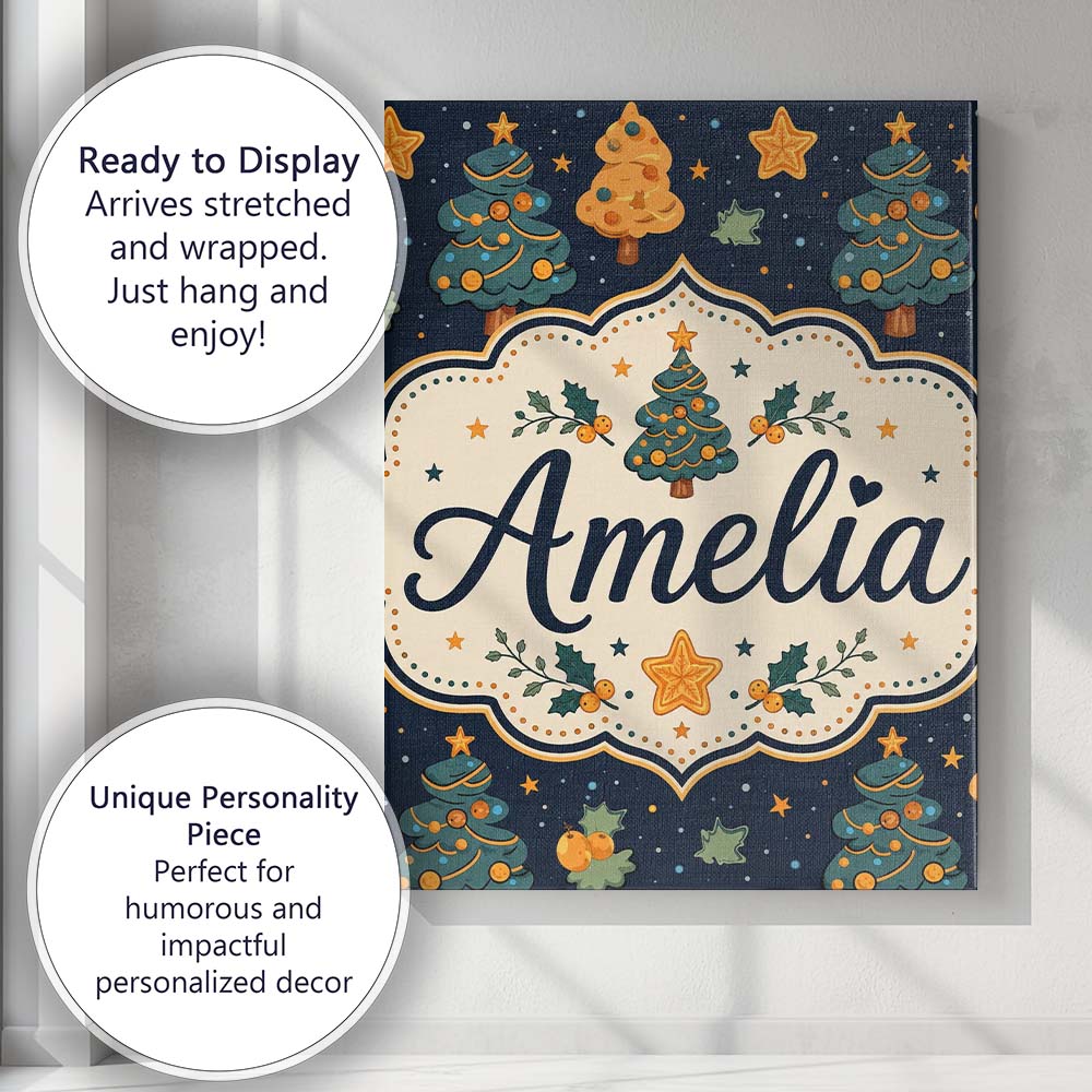 Personalised Name Christmas Trees with Custom Modern Room Accent Elegant Feature Canvas Wall Art Print Decor Picture Ready to Hang