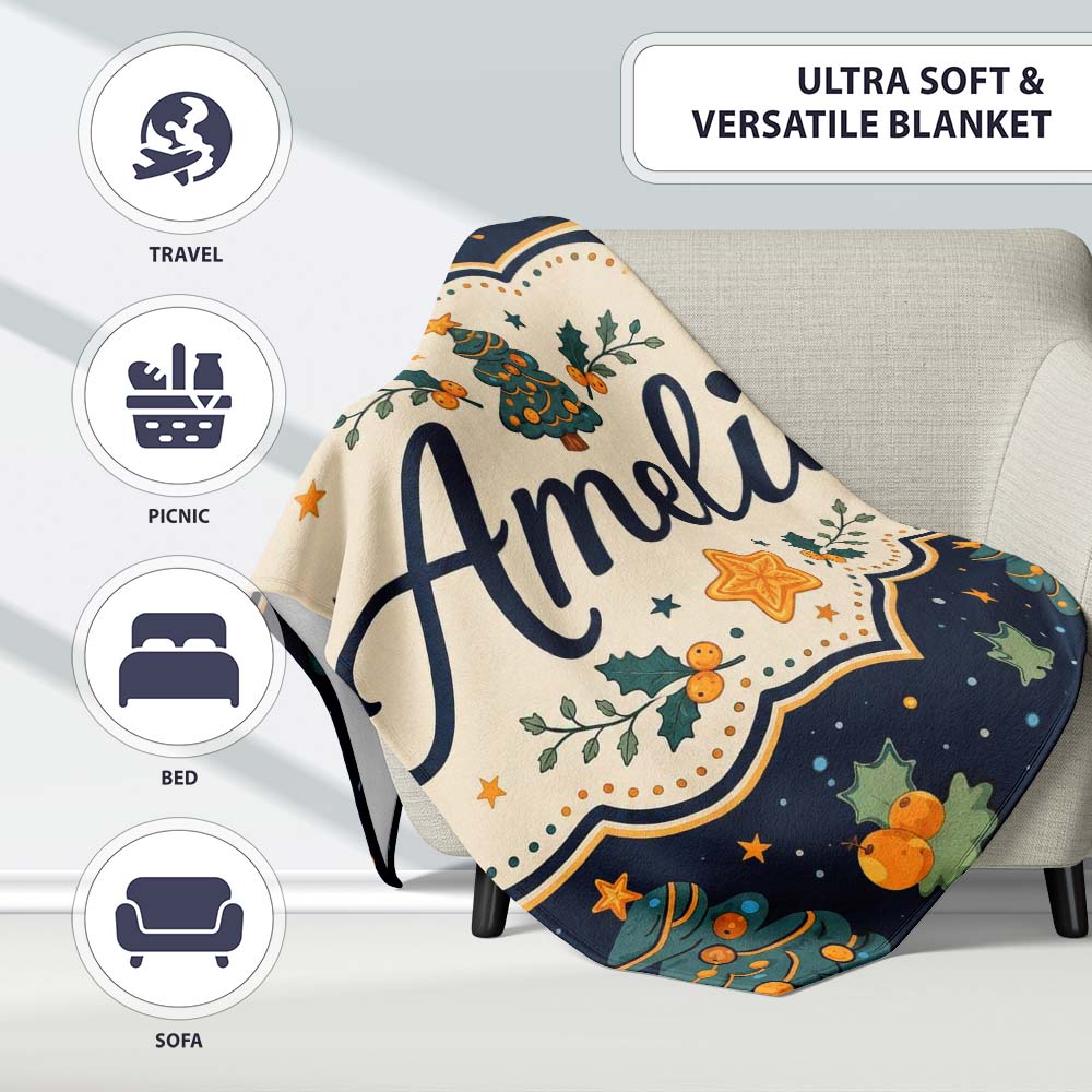 Christmas Trees with Stars and Holly Night Festive Illustration Personalised Custom Name Super Soft Fleece Blanket Bed Sofa Throw