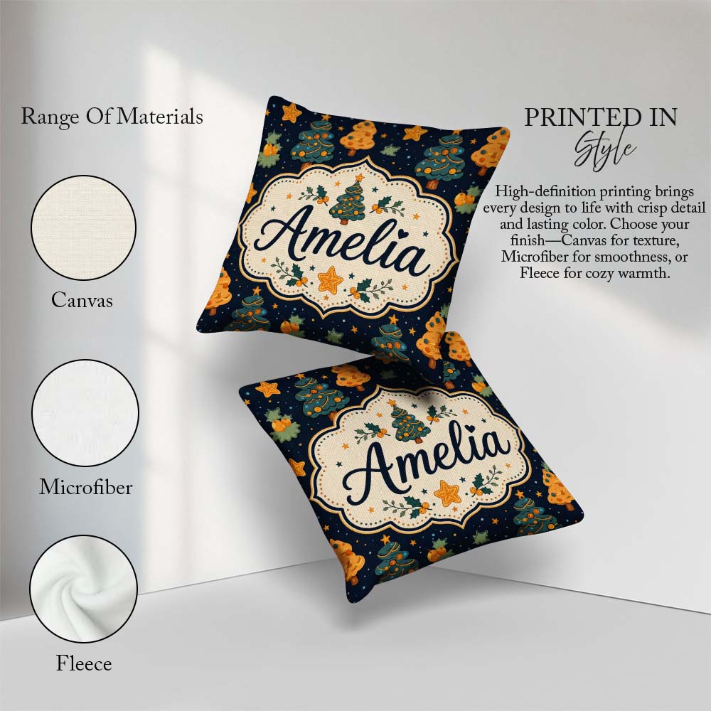 Custom Name Christmas Trees with Stars and Holly Night Festive Square Filled Cushion Throw Pillow Sofa Bed Home Decor Zip Washable UK Made