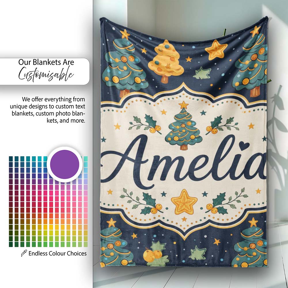Christmas Trees with Stars and Holly Night Festive Illustration Personalised Custom Name Super Soft Fleece Blanket Bed Sofa Throw