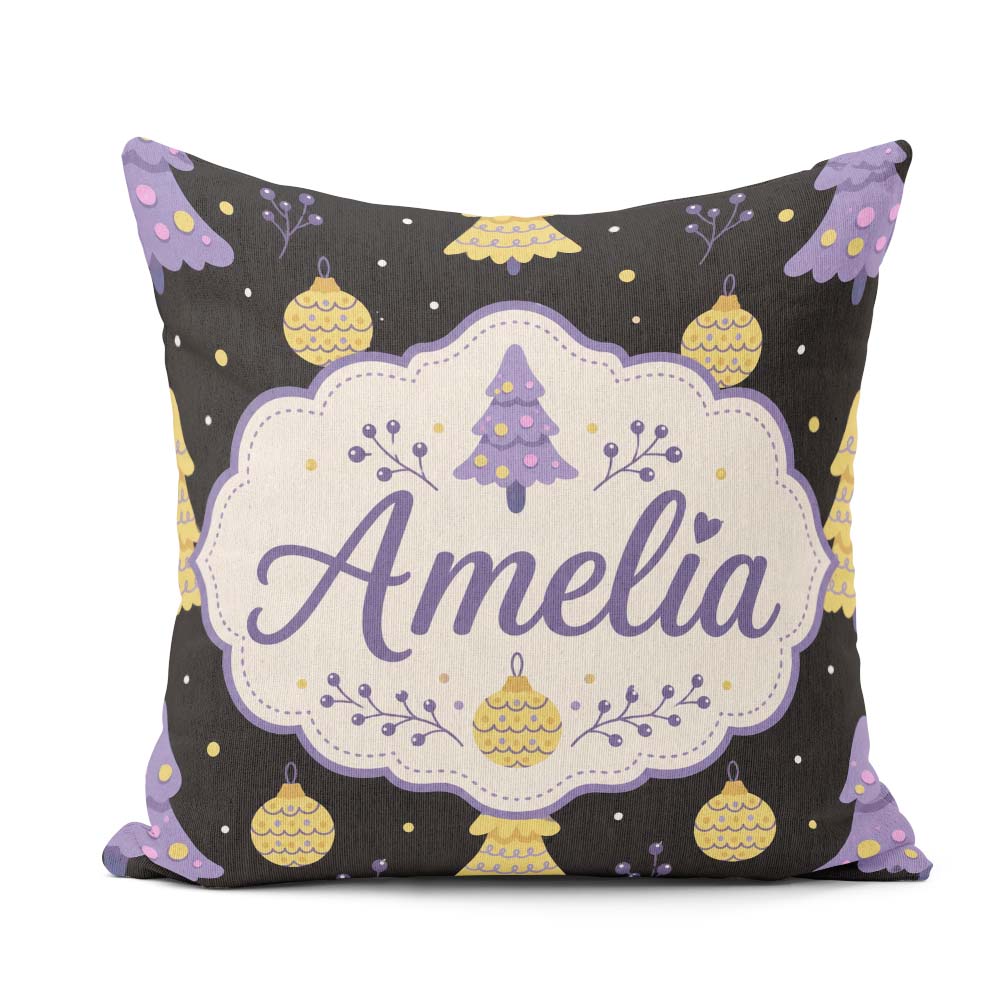 Custom Name Cute Christmas Tree with Baubles and Ornaments Dark Square Filled Cushion Throw Pillow Sofa Bed Home Decor Zip Washable UK Made