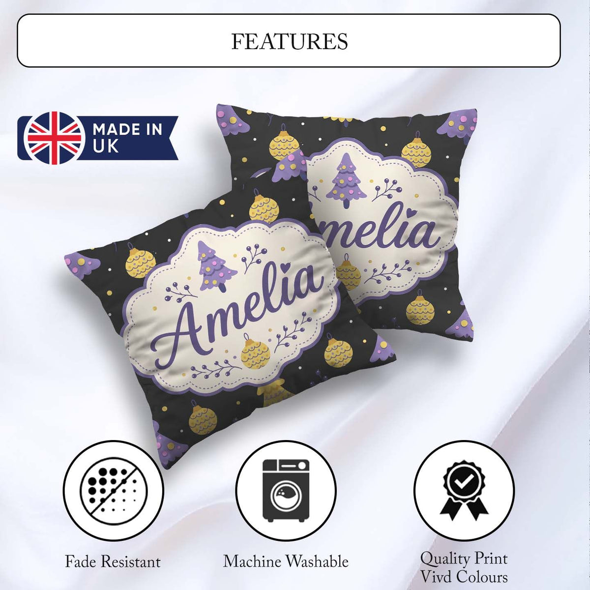 Custom Name Cute Christmas Tree with Baubles and Ornaments Dark Square Filled Cushion Throw Pillow Sofa Bed Home Decor Zip Washable UK Made