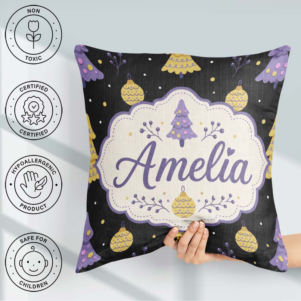 Custom Name Cute Christmas Tree with Baubles and Ornaments Dark Square Filled Cushion Throw Pillow Sofa Bed Home Decor Zip Washable UK Made