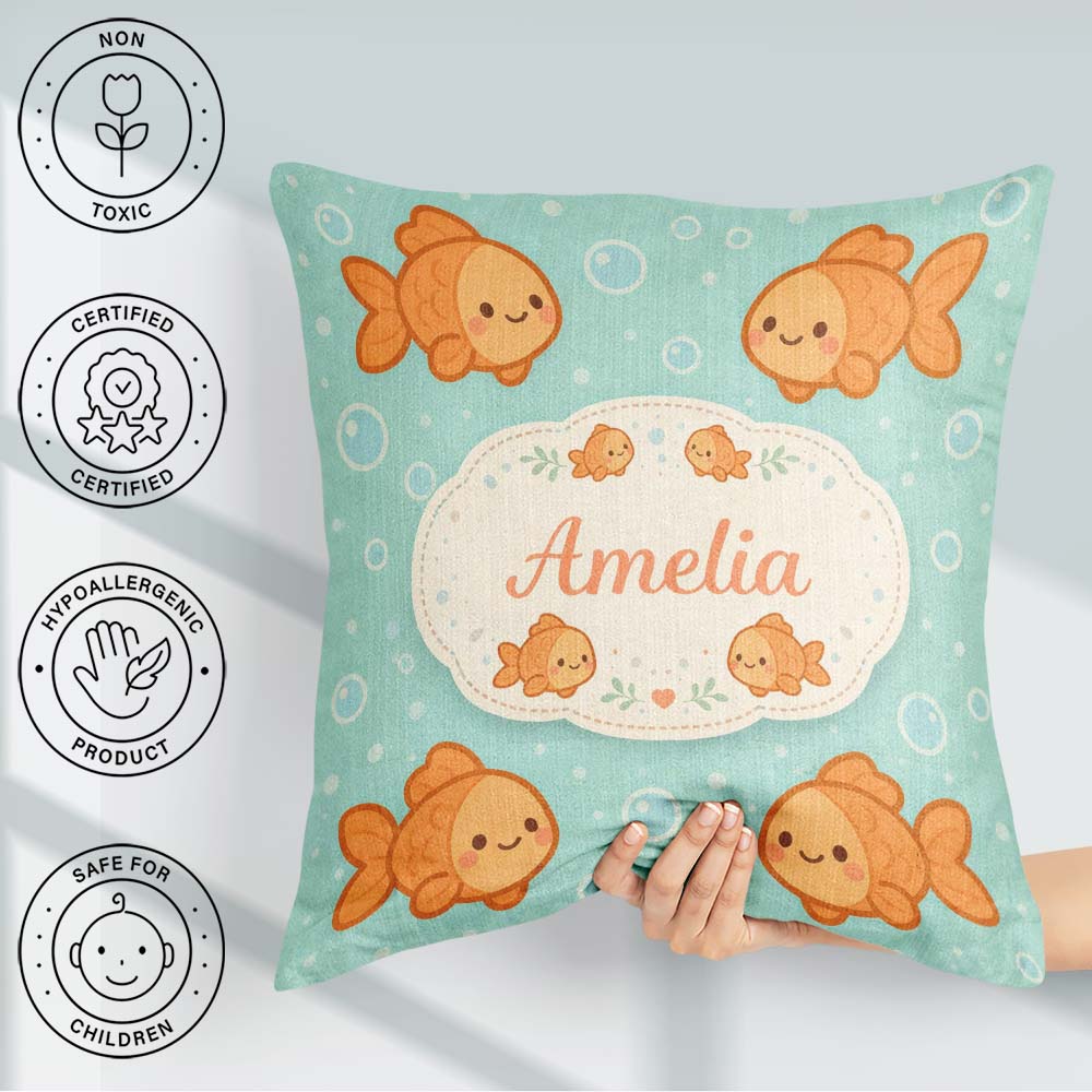 Custom Name Cute Goldfish Cartoon Animal Ocean Pattern Beautiful Square Filled Cushion Throw Pillow Sofa Bed Home Decor Zip Washable UK Made