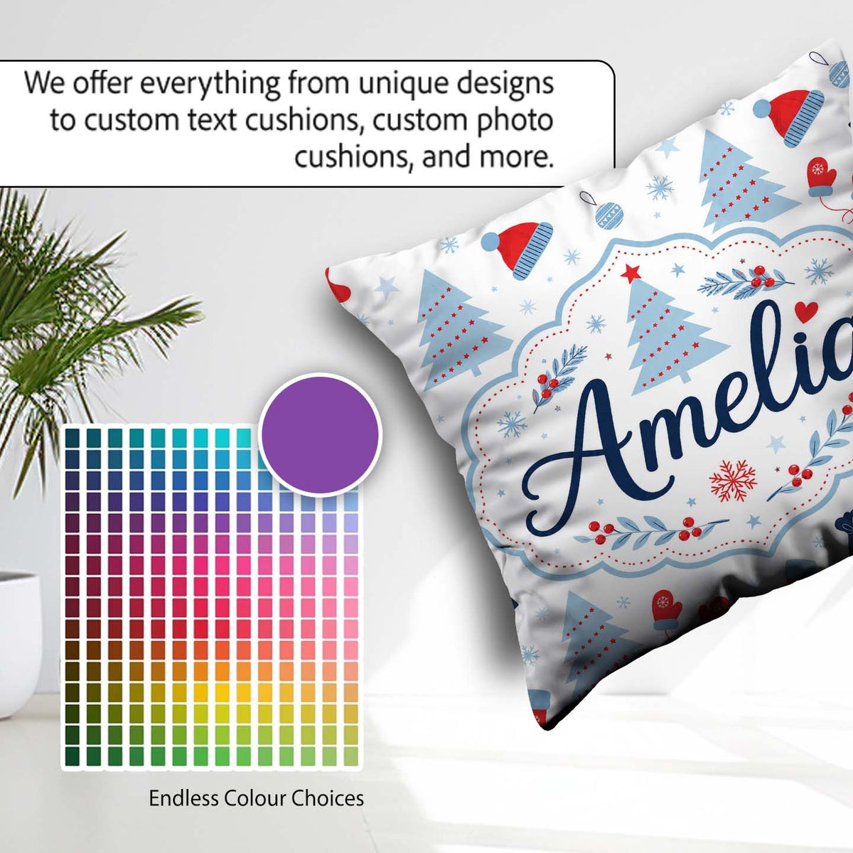 Custom Name Christmas Gifts Stockings Mittens and Trees Seamless Square Filled Cushion Throw Pillow Sofa Bed Home Decor Zip Washable UK Made