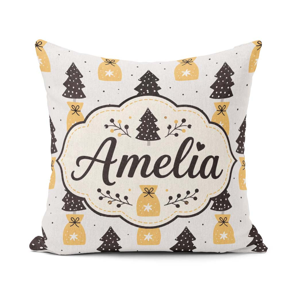 Custom Name Black Trees and Bags Seamless Pattern Modern Holiday Square Filled Cushion Throw Pillow Sofa Bed Home Decor Zip Washable UK Made