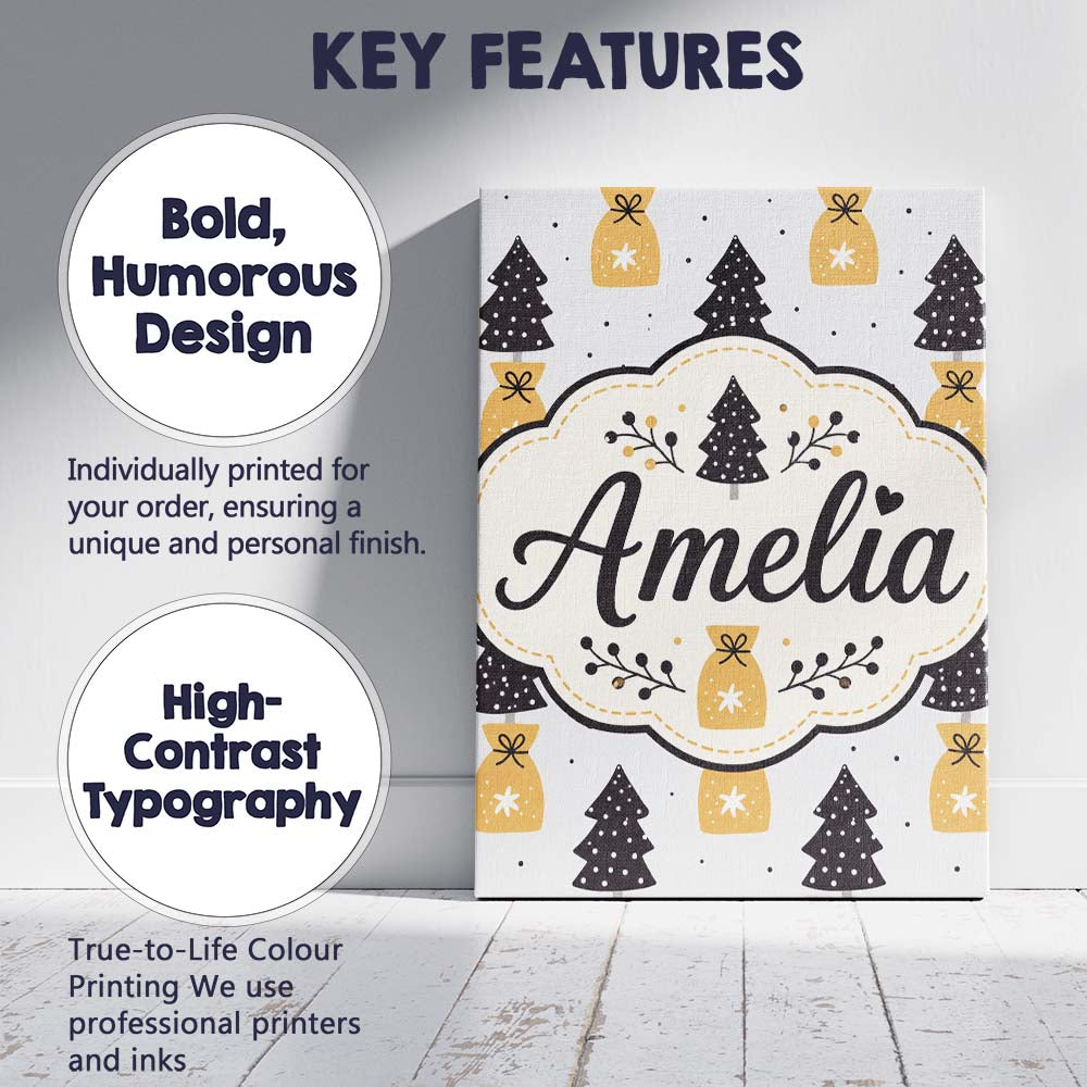 Personalised Name Black Christmas Trees and Custom Bespoke Interior Contemporary Canvas Wall Art Print Decor Picture Ready to Hang