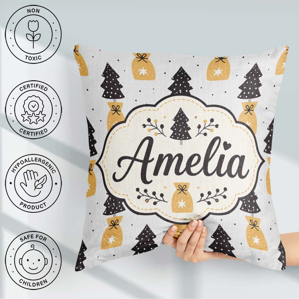 Custom Name Black Trees and Bags Seamless Pattern Modern Holiday Square Filled Cushion Throw Pillow Sofa Bed Home Decor Zip Washable UK Made