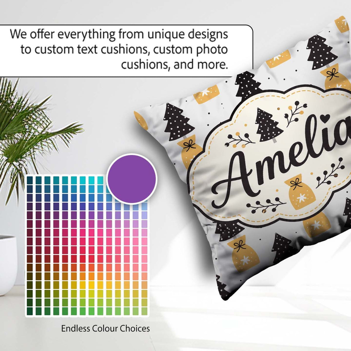 Custom Name Black Trees and Bags Seamless Pattern Modern Holiday Square Filled Cushion Throw Pillow Sofa Bed Home Decor Zip Washable UK Made