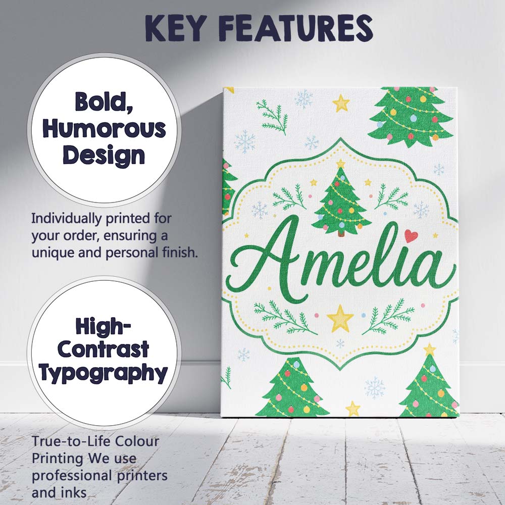 Personalised Name Decorated Christmas Trees Custom Bespoke Interior Contemporary Canvas Wall Art Print Decor Picture Ready to Hang