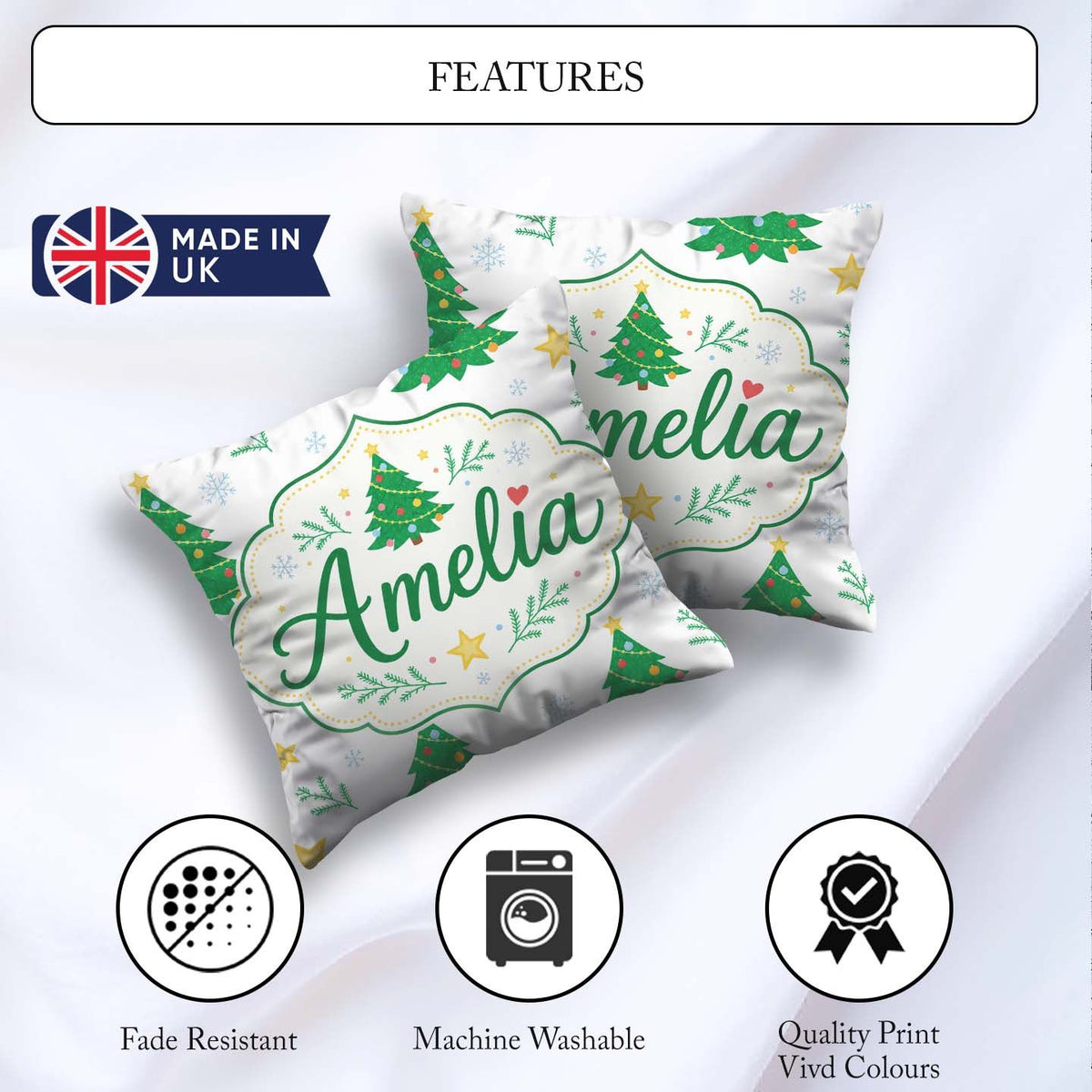 Custom Name Decorated Christmas Trees with and Snowflakes Bright Square Filled Cushion Throw Pillow Sofa Bed Home Decor Zip Washable UK Made