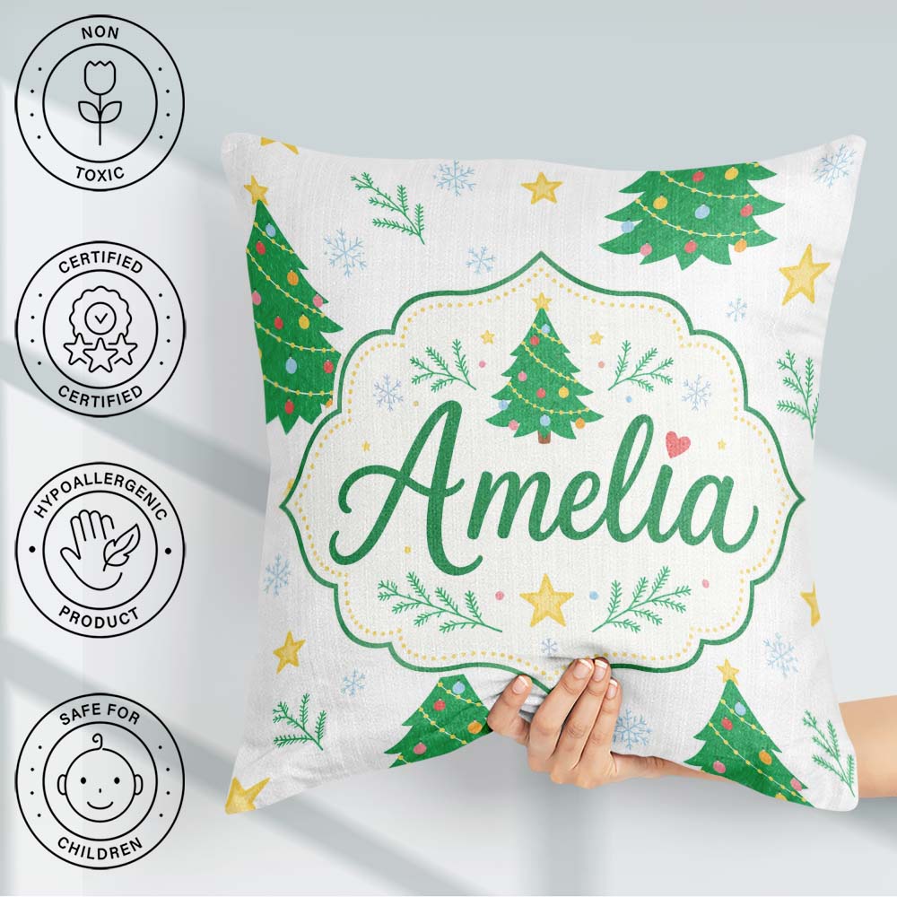 Custom Name Decorated Christmas Trees with and Snowflakes Bright Square Filled Cushion Throw Pillow Sofa Bed Home Decor Zip Washable UK Made