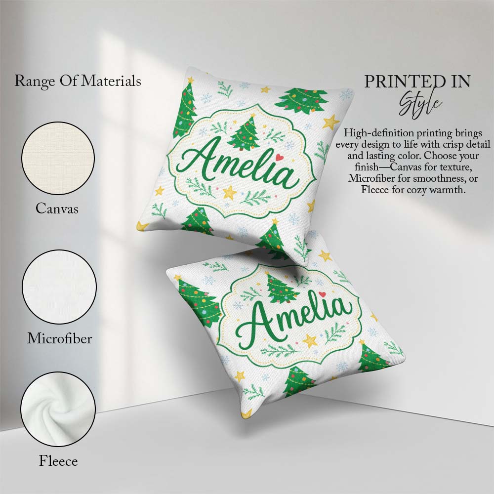 Custom Name Decorated Christmas Trees with and Snowflakes Bright Square Filled Cushion Throw Pillow Sofa Bed Home Decor Zip Washable UK Made