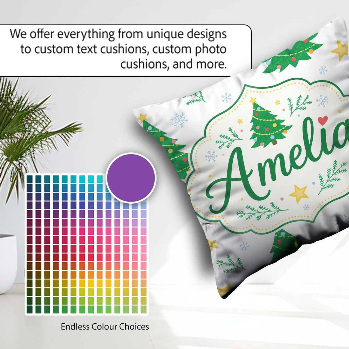 Custom Name Decorated Christmas Trees with and Snowflakes Bright Square Filled Cushion Throw Pillow Sofa Bed Home Decor Zip Washable UK Made
