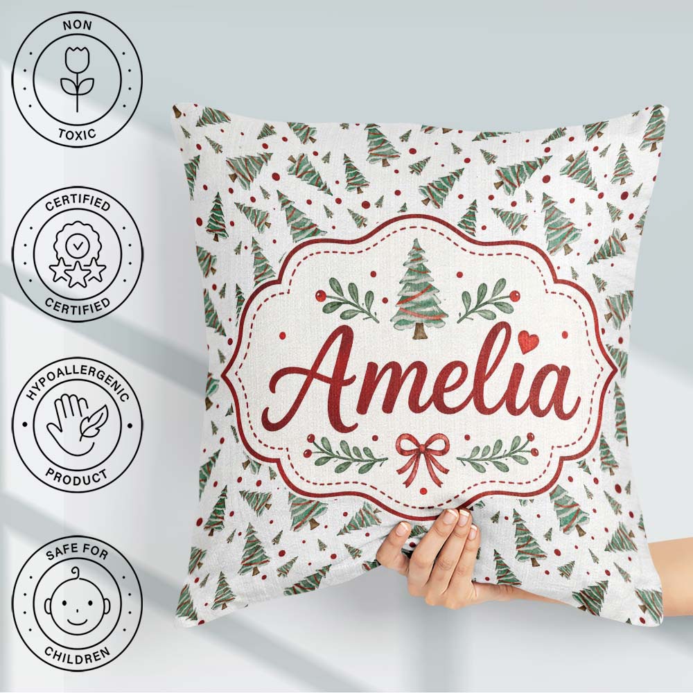 Custom Name Watercolor Trees with Red Snow Dots Seamless Pattern Square Filled Cushion Throw Pillow Sofa Bed Home Decor Zip Washable UK Made