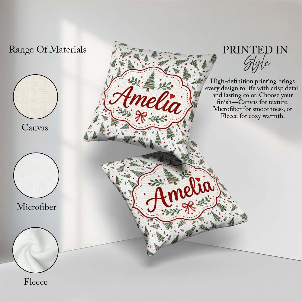 Custom Name Watercolor Trees with Red Snow Dots Seamless Pattern Square Filled Cushion Throw Pillow Sofa Bed Home Decor Zip Washable UK Made