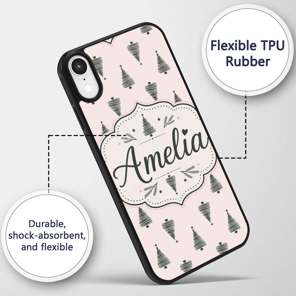 Minimal Line Christmas Trees Modern Scandinavian Custom Name Protective Phone Case Mobile Cover Durable Everyday Smartphone Shock Resistant