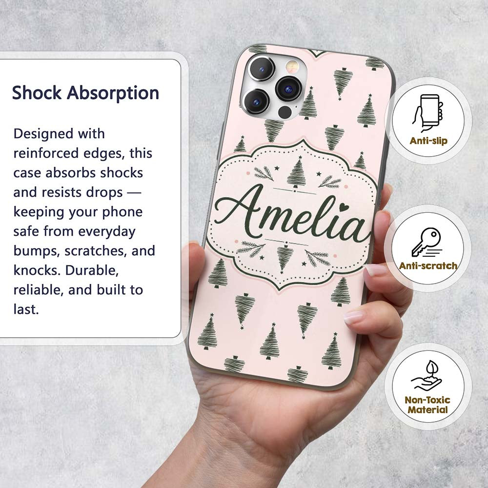 Minimal Line Christmas Trees Modern Scandinavian Custom Name Protective Phone Case Mobile Cover Durable Everyday Smartphone Shock Resistant