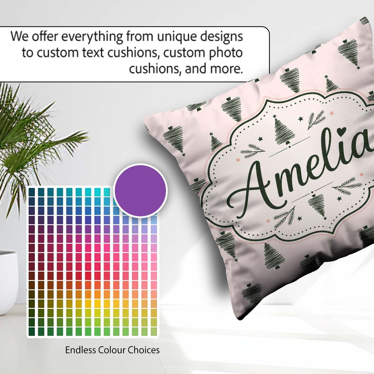 Custom Name Minimal Line Christmas Trees Modern Seamless Pattern Square Filled Cushion Throw Pillow Sofa Bed Home Decor Zip Washable UK Made