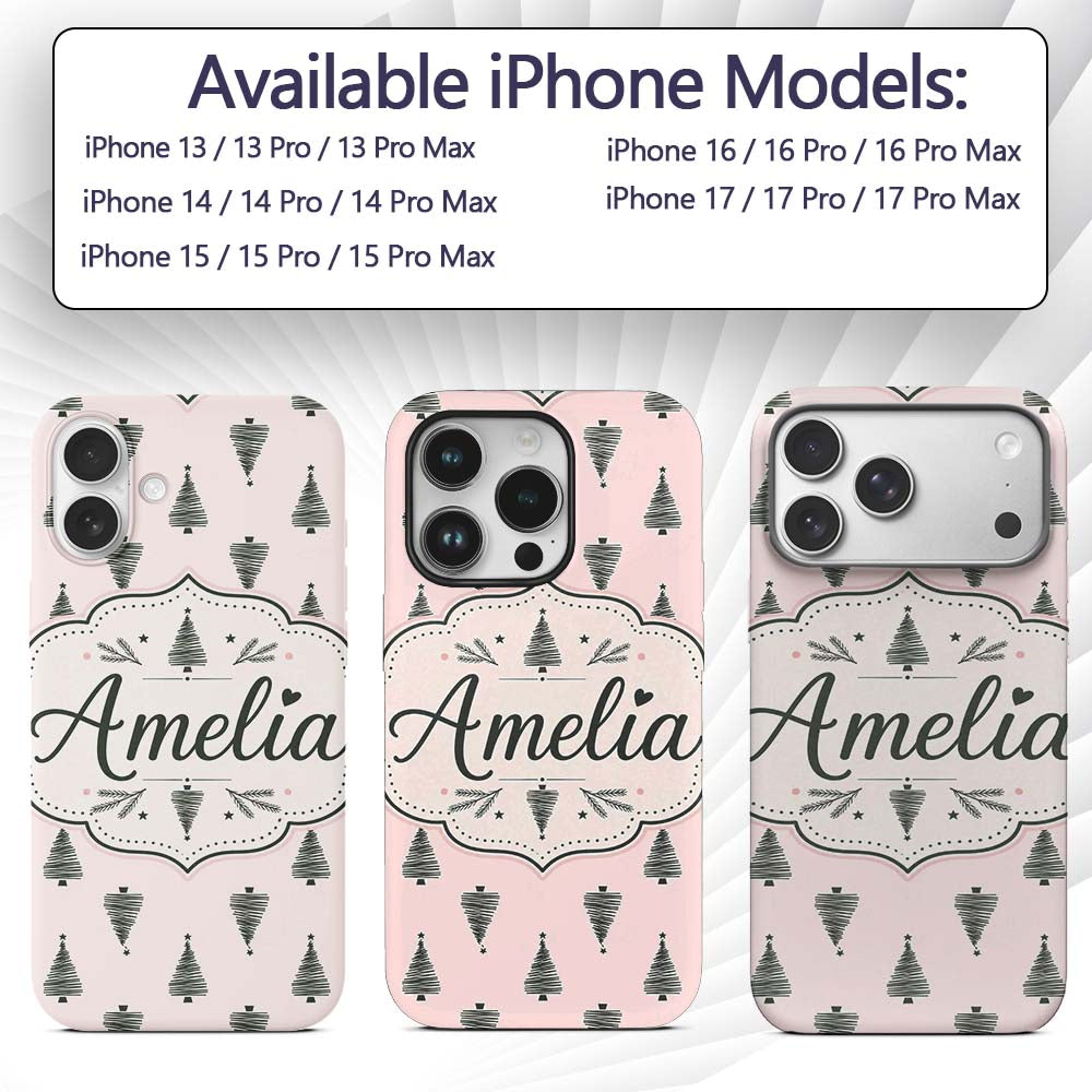 Minimal Line Christmas Trees Modern Scandinavian Custom Name Protective Phone Case Mobile Cover Durable Everyday Smartphone Shock Resistant