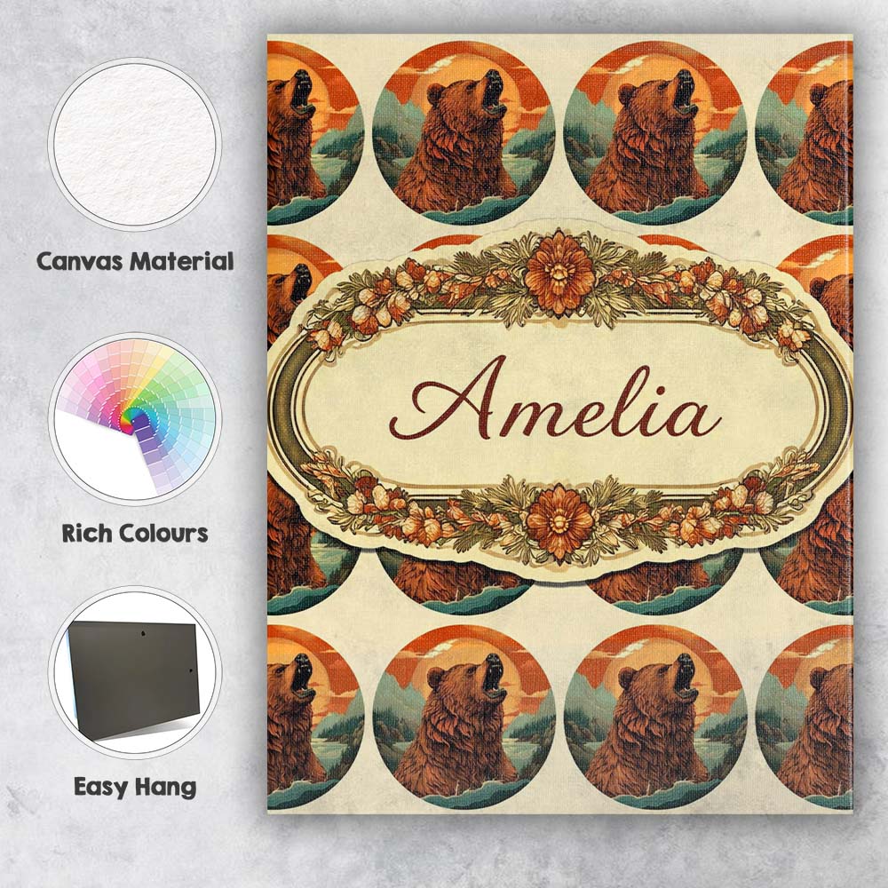 Personalised Name Bear Portrait Circle Seamless Pattern Forest Custom Modern Room Accent Canvas Wall Art Print Decor Picture Ready to Hang