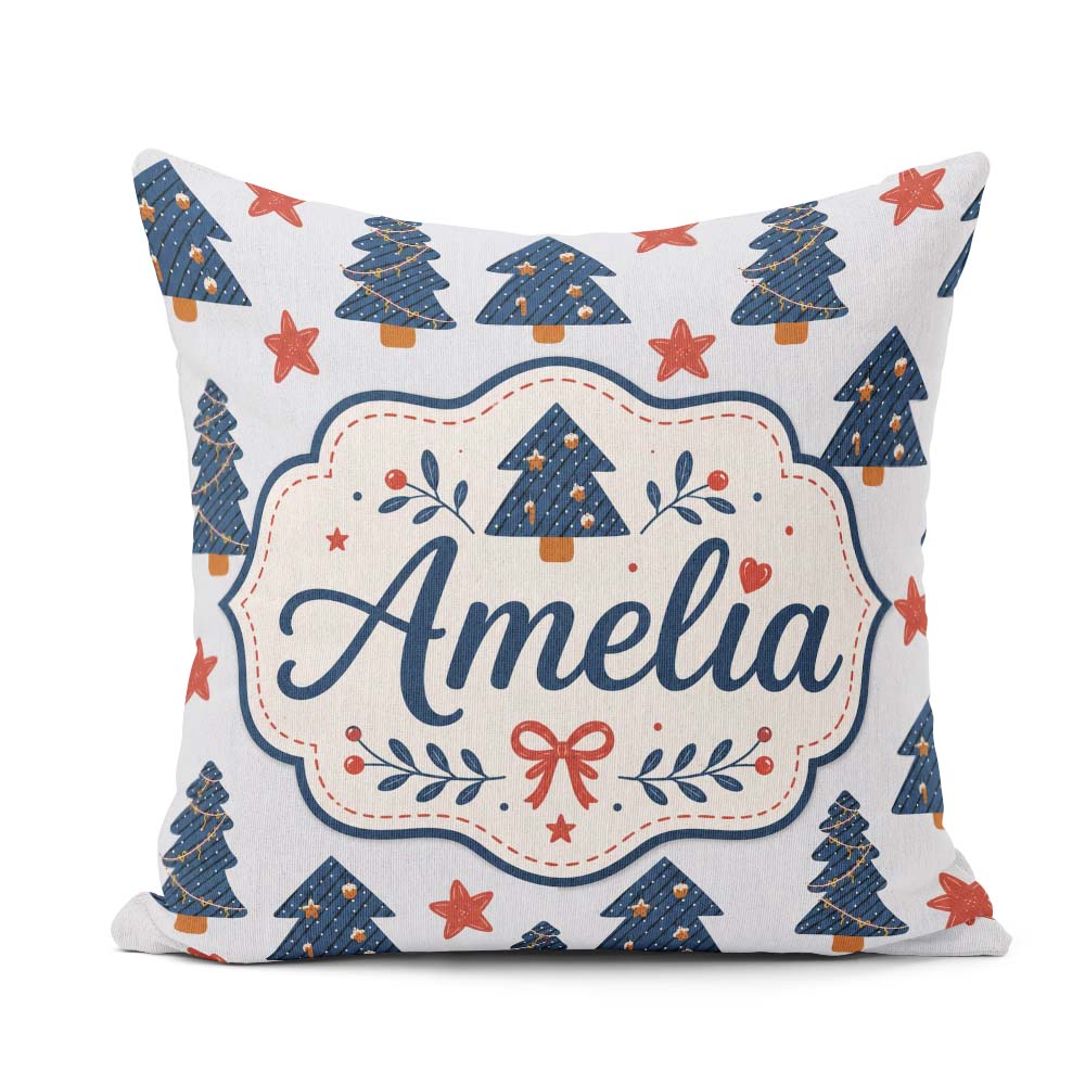 Custom Name Blue Christmas Trees with Stars and Hanging Seamless Square Filled Cushion Throw Pillow Sofa Bed Home Decor Zip Washable UK Made