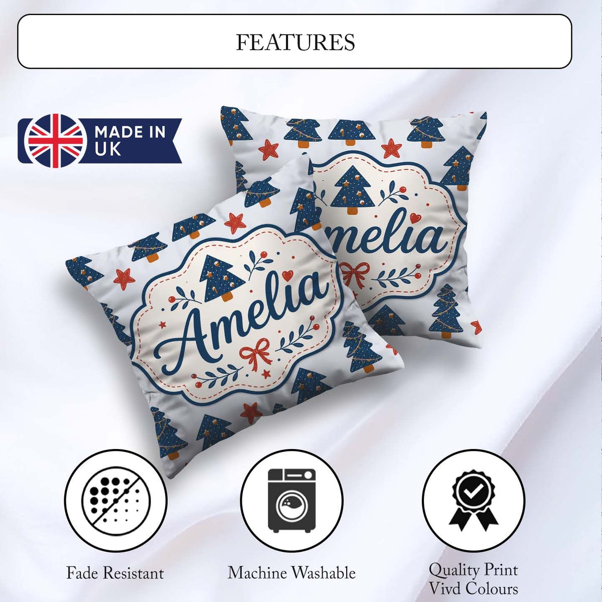 Custom Name Blue Christmas Trees with Stars and Hanging Seamless Square Filled Cushion Throw Pillow Sofa Bed Home Decor Zip Washable UK Made
