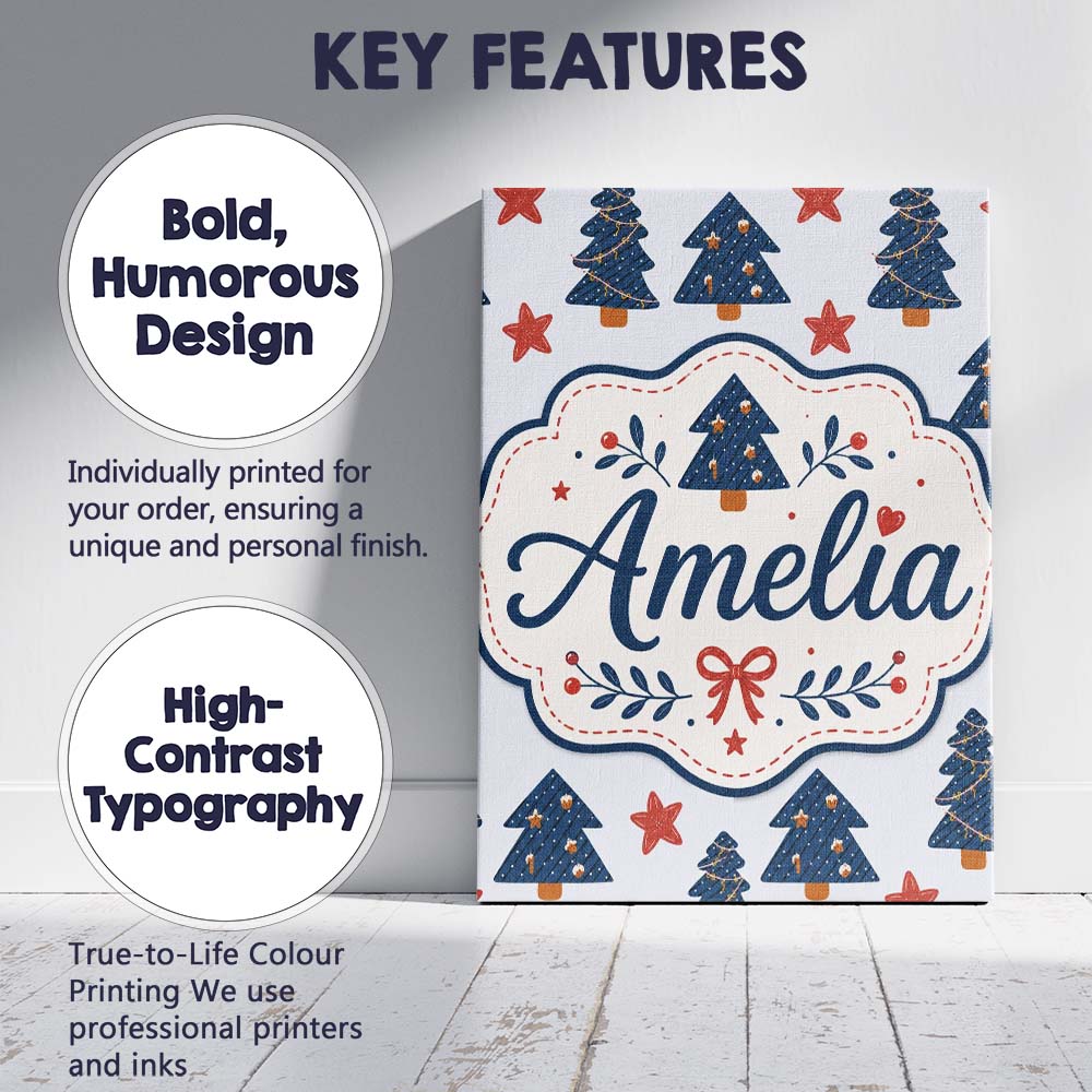 Personalised Name Blue Christmas Trees with Custom Bespoke Interior Contemporary Canvas Wall Art Print Decor Picture Ready to Hang