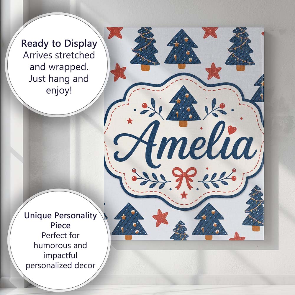 Personalised Name Blue Christmas Trees with Custom Bespoke Interior Contemporary Canvas Wall Art Print Decor Picture Ready to Hang