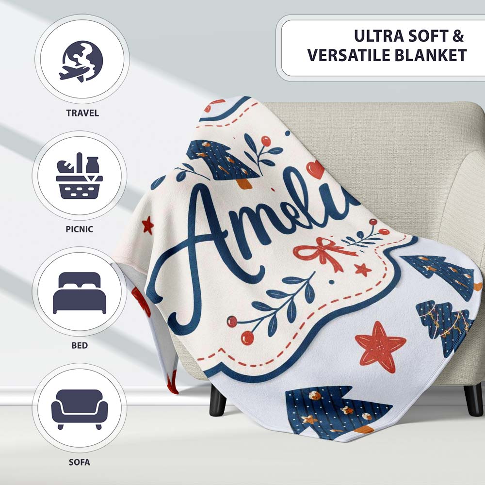 Blue Christmas Trees with Stars and Hanging Ornaments Seamless Personalised Custom Name Super Soft Fleece Blanket Bed Sofa Throw