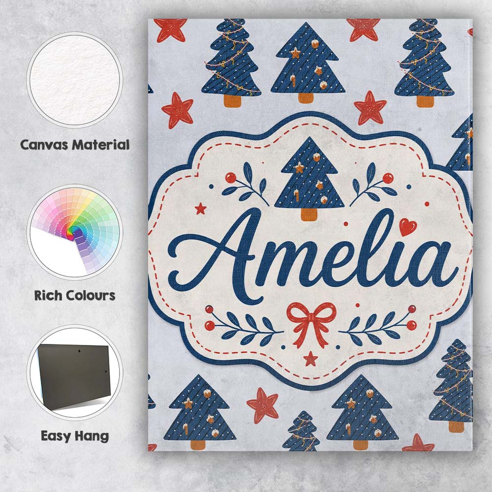 Personalised Name Blue Christmas Trees with Custom Bespoke Interior Contemporary Canvas Wall Art Print Decor Picture Ready to Hang
