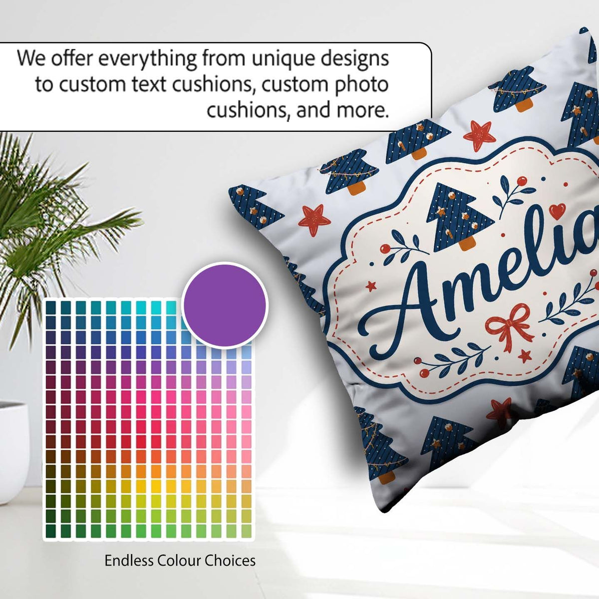 Custom Name Blue Christmas Trees with Stars and Hanging Seamless Square Filled Cushion Throw Pillow Sofa Bed Home Decor Zip Washable UK Made