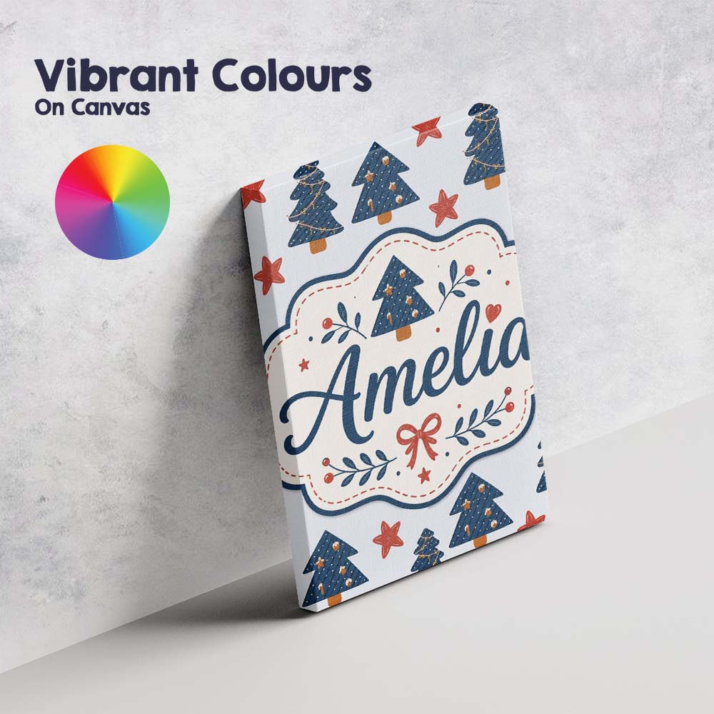 Personalised Name Blue Christmas Trees with Custom Bespoke Interior Contemporary Canvas Wall Art Print Decor Picture Ready to Hang