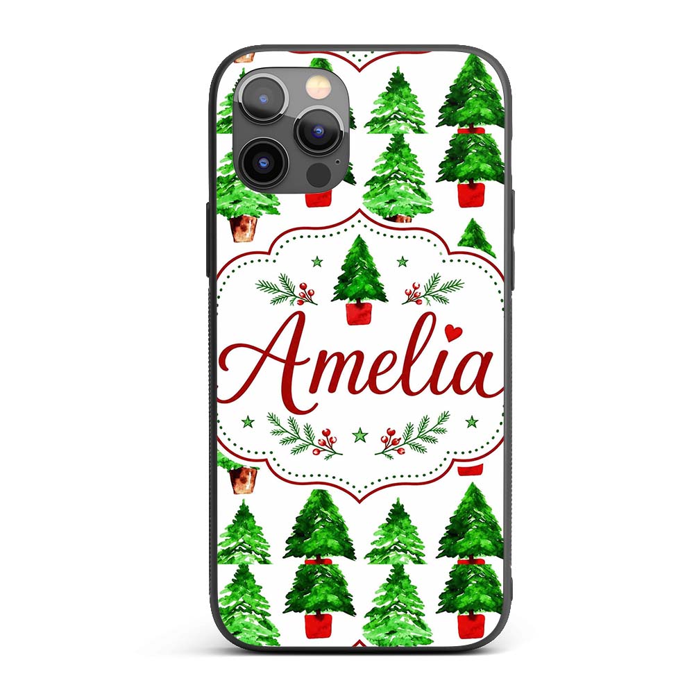 Watercolor Christmas Trees in Pots Hand Painted Custom Name Protective Phone Case Mobile Cover Durable Everyday Smartphone Shock Resistant
