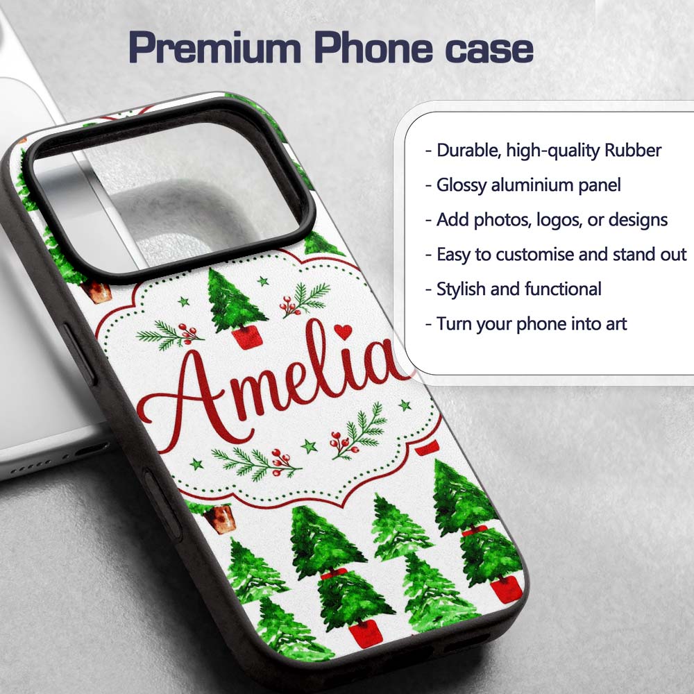 Watercolor Christmas Trees in Pots Hand Painted Custom Name Protective Phone Case Mobile Cover Durable Everyday Smartphone Shock Resistant