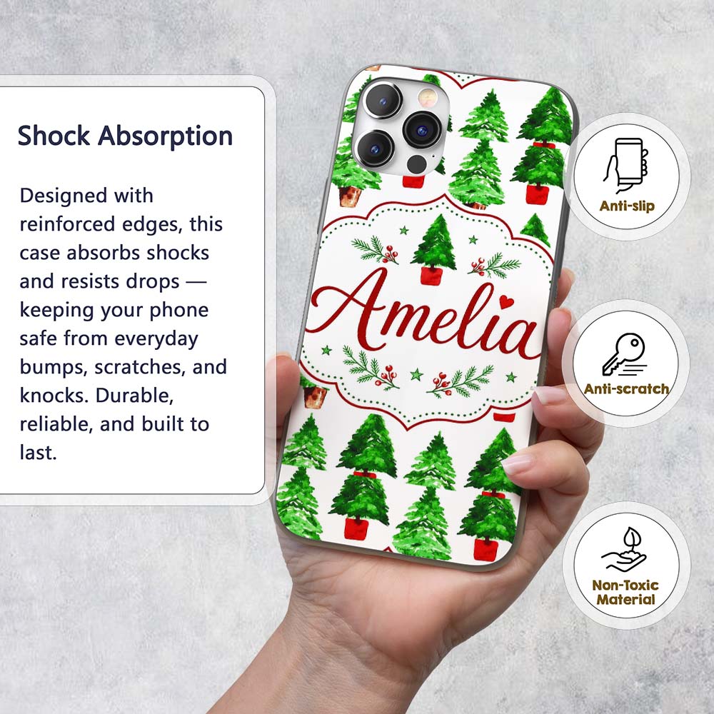 Watercolor Christmas Trees in Pots Hand Painted Custom Name Protective Phone Case Mobile Cover Durable Everyday Smartphone Shock Resistant