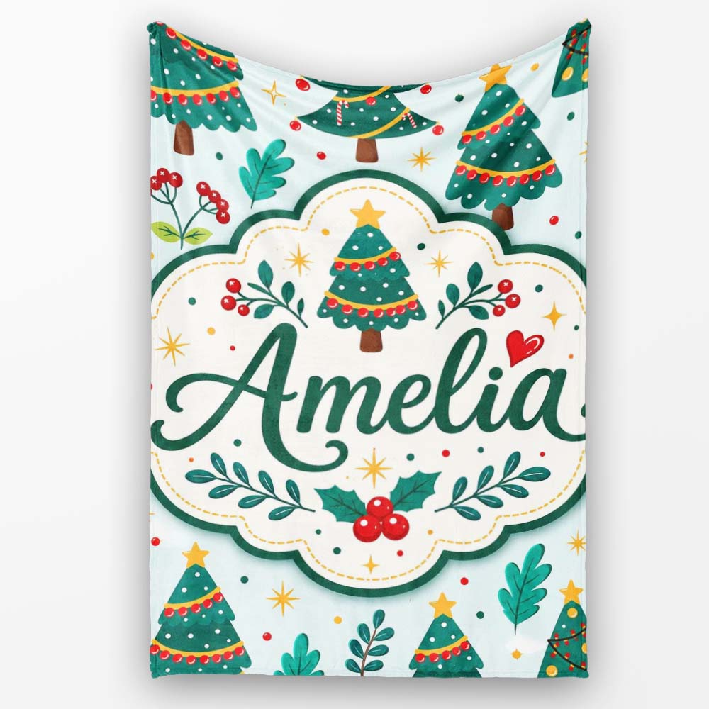 Decorated Christmas Trees with Lights and Berries Festive Winter Personalised Custom Name Super Soft Fleece Blanket Bed Sofa Throw