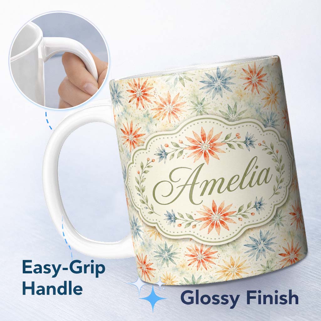 Personalized Custom Name Multicolor Starburst Floral Watercolor Seamless Pattern Lovely 11oz Ceramic Coffee Tea Mug White Large Handle