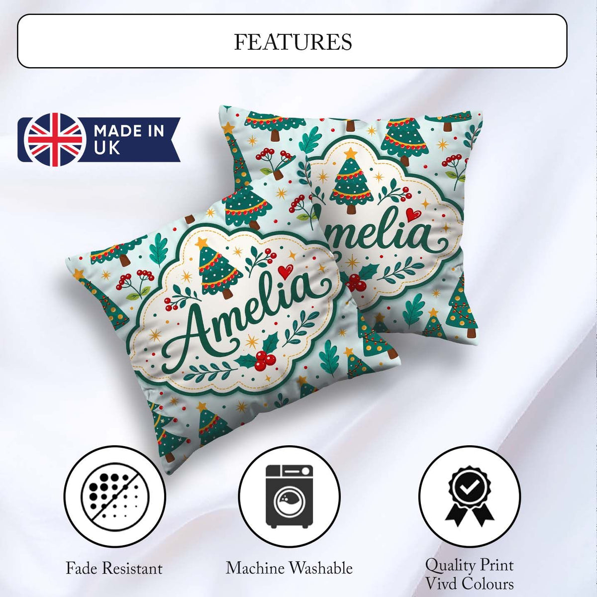 Custom Name Decorated Christmas Trees Lights and Berries Festive Square Filled Cushion Throw Pillow Sofa Bed Home Decor Zip Washable UK Made