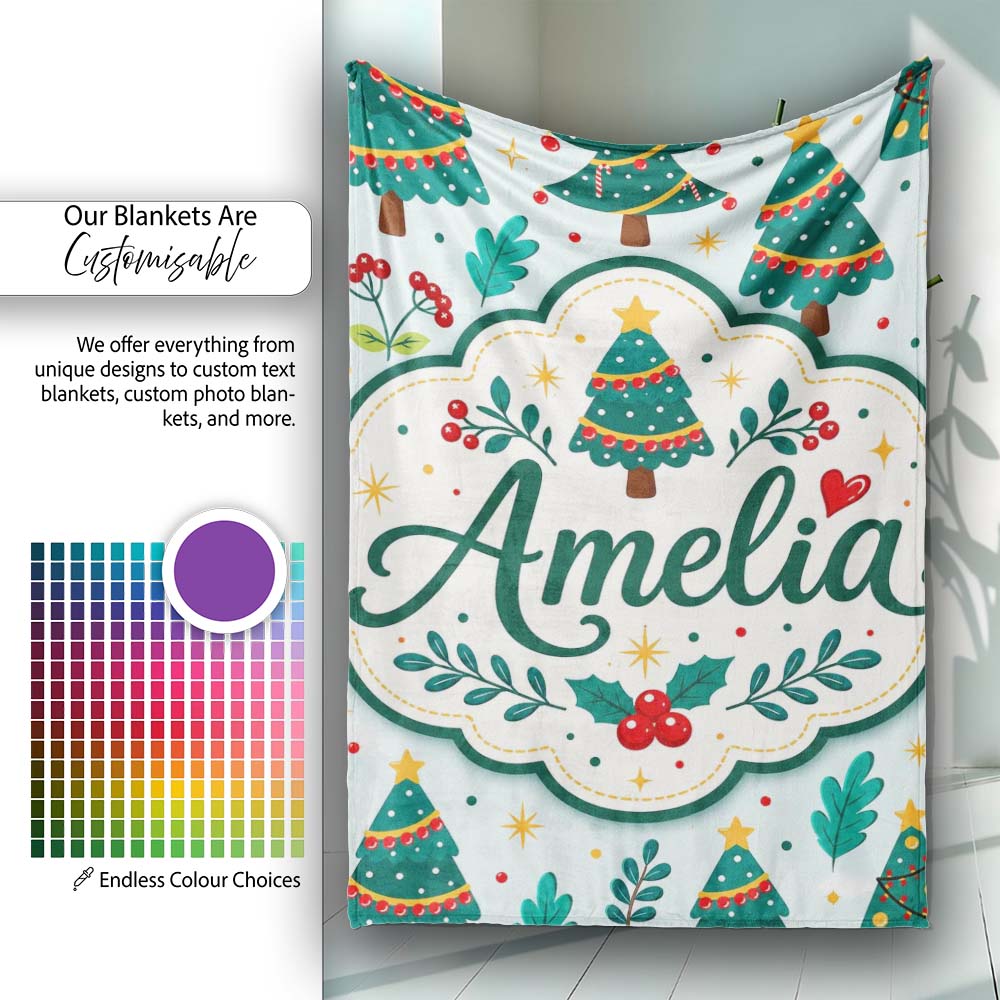 Decorated Christmas Trees with Lights and Berries Festive Winter Personalised Custom Name Super Soft Fleece Blanket Bed Sofa Throw