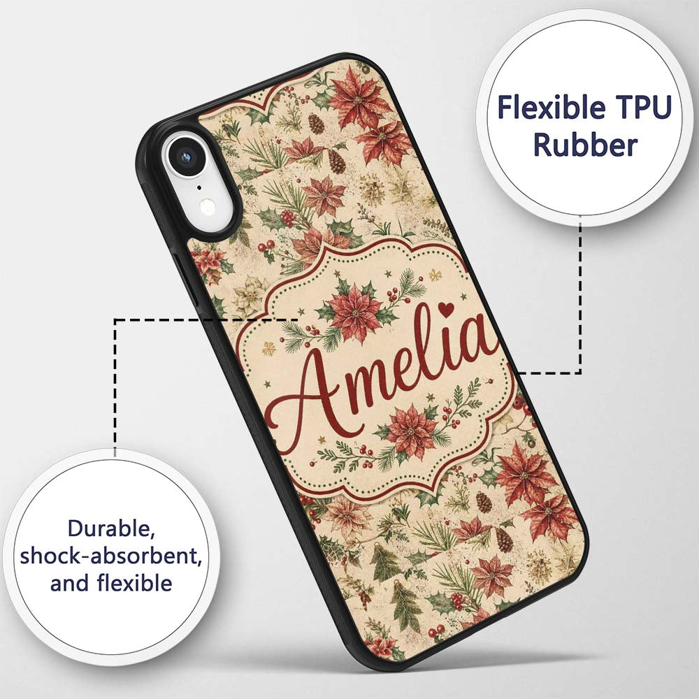 Vintage Christmas Floral with Holly Poinsettia Custom Name Protective Phone Case Mobile Cover Durable Everyday Smartphone Shock Resistant