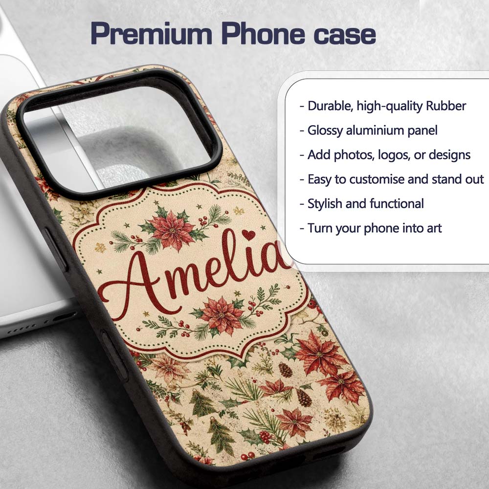 Vintage Christmas Floral with Holly Poinsettia Custom Name Protective Phone Case Mobile Cover Durable Everyday Smartphone Shock Resistant