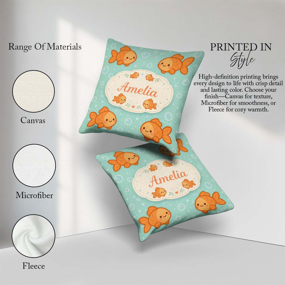 Custom Name Cute Goldfish Cartoon Animal Ocean Pattern Beautiful Square Filled Cushion Throw Pillow Sofa Bed Home Decor Zip Washable UK Made