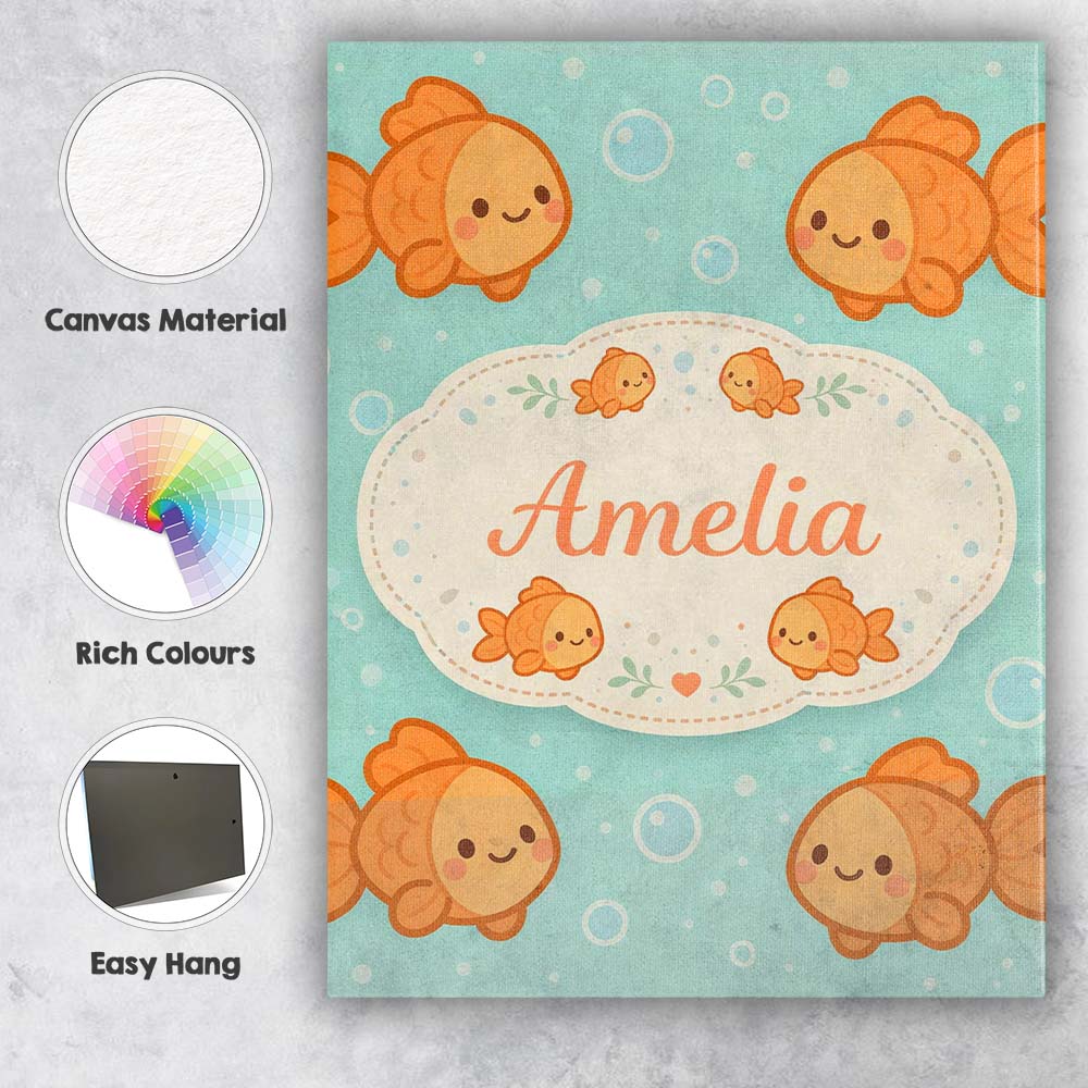 Personalised Name Cute Goldfish Cartoon Animal Ocean Pattern Beautiful Custom Decorative Canvas Wall Art Print Decor Picture Ready to Hang